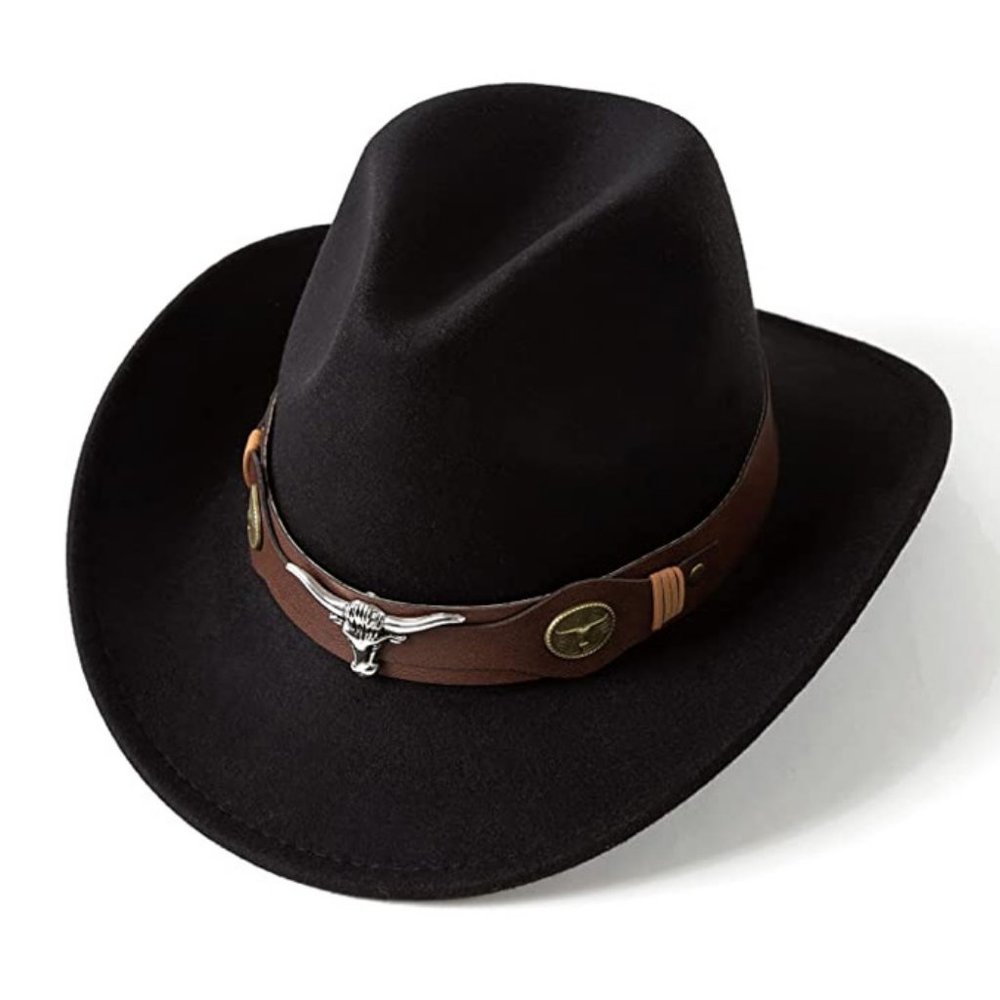 NEW Black Brown Bulls Accent Faux Leather Band Felt Cowboy Cowgirl Western Hat
